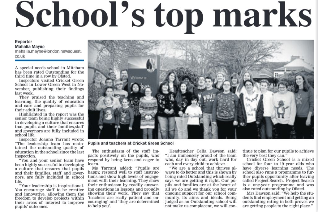 Great news on the front page of today's <a href="/WimbledonNews/">Wimbledon Times</a> Congratulations to Cricket Green School in Mitcham for achieving Outstanding from Ofsted!