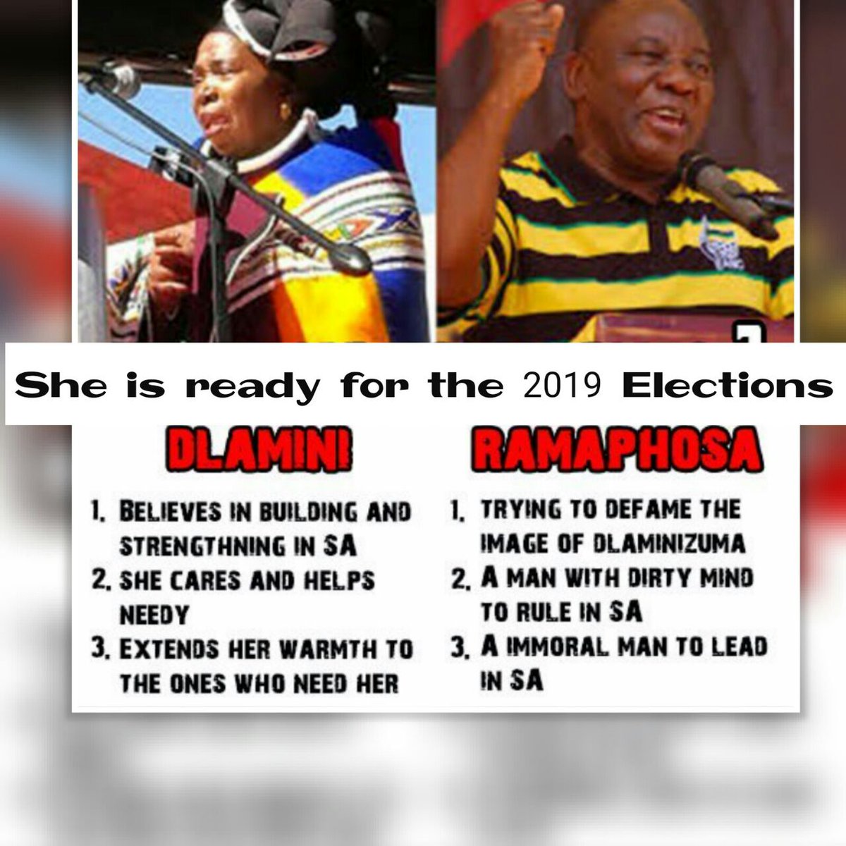 TsholoMasechaba's tweet photo. Transformation is needed in a real way to end corruption in SA which can never happen in @CyrilRamaphosa 's Presidency.SA is witnessing slavery and exploitation with him as the #ANC 13th President. @DlaminiZuma is a real hero.She is ready for the 2019 elections.
#ANC54 https://t.co/7C9A2bwl17