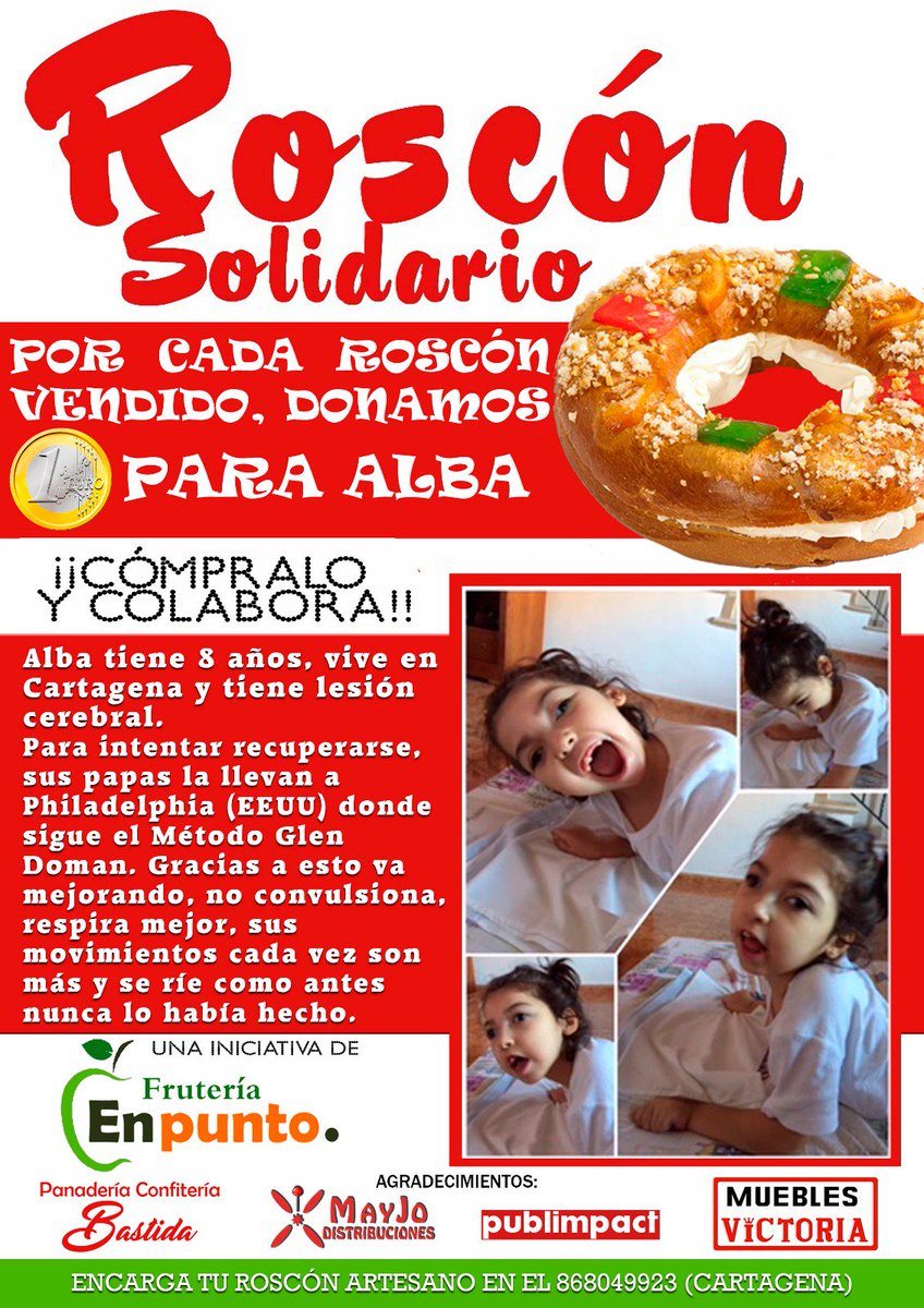 MuebleVictoria's tweet photo. Hoy os traemos una novedad el “ROSCÓN SOLIDARIO”. Por cada 🍩roscón🍩 vendido se donará 💶1 EURO💶 para Alba.  @MuebleVictoria  compartir por favor. Pedidos en fruteria panaderia En Punto. 868049923 https://t.co/J1czl3hrQJ