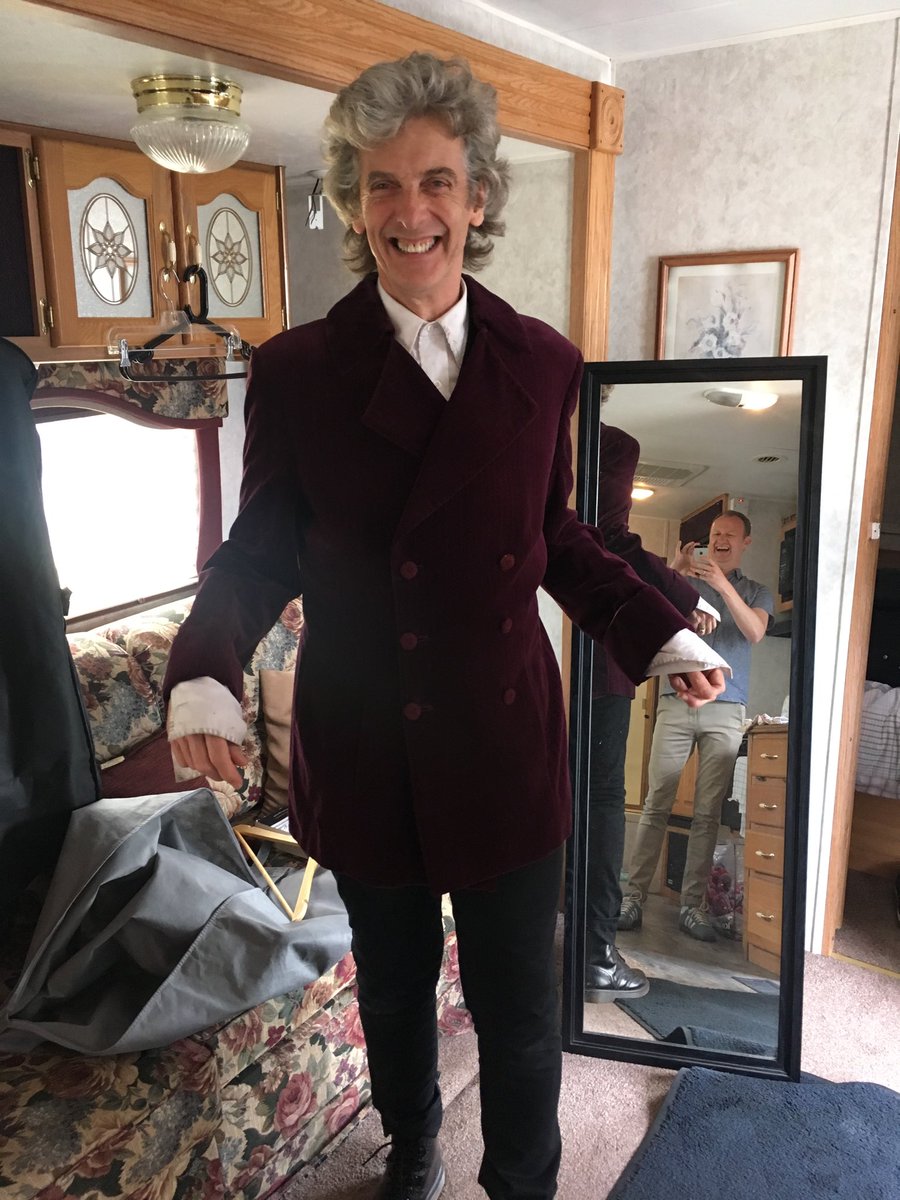 Markgatiss's tweet image. Thanks for all your kind words about 'Twice Upon a Time'. Here's Peter on his last day, wearing Jon Pertwee's jacket from 'Planet of the Daleks'!