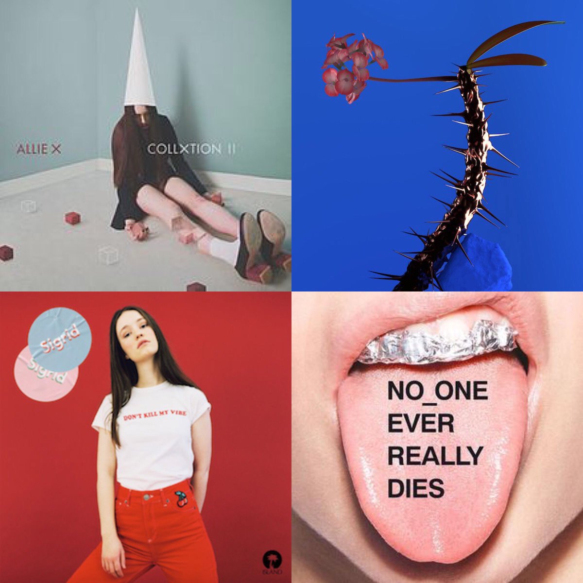 My top 4 albums of 2017:
1. Allie X - CollXtion II
2. Flume - Skin Companion ll
3. Sigrid - Don’t Kill My Vibe EP
4. N.E.R.D - No_One Ever Really Dies   
#music #TopAlbums2017