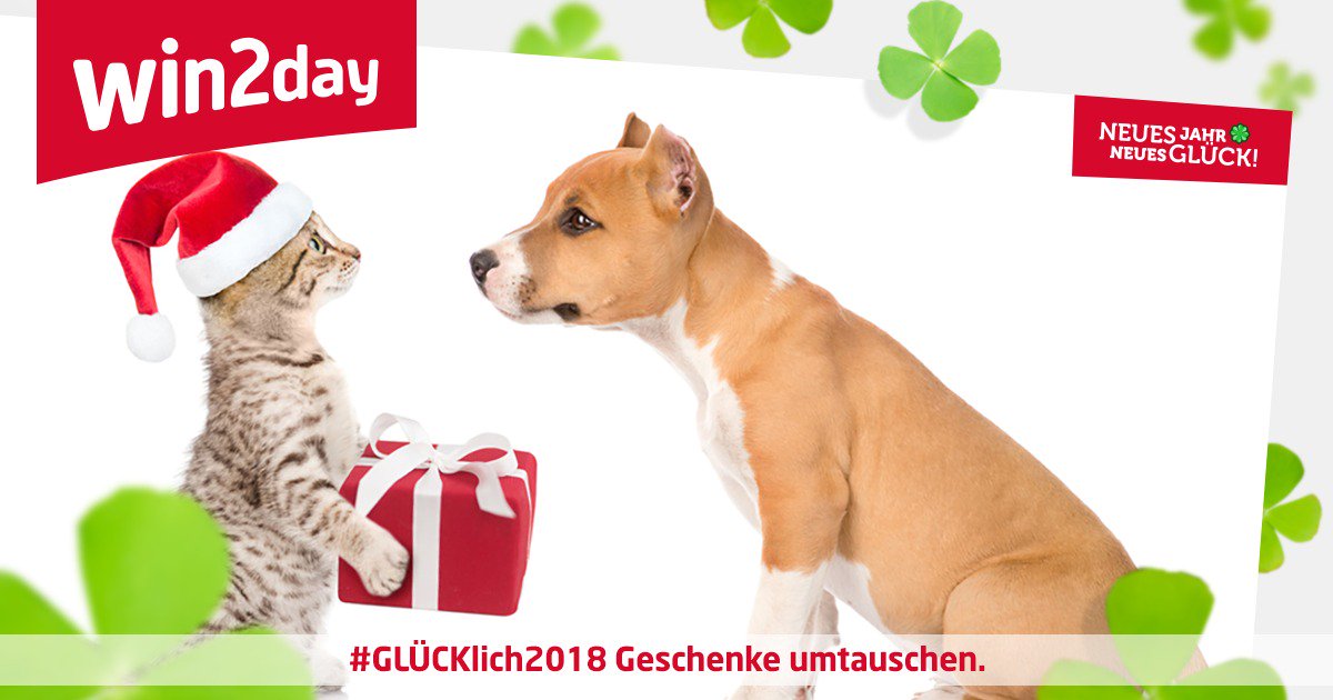 #GLÜCKlich2018: 6 Gewinn-Aktionen zum Jahreswechsel, insgesamt 120-mal € 18,- Spielguthaben für win2day.

Frage 1: Wenn das Weihnachtsgeschenk für die Katz war: Mit wem werdet ihr euch in den Umtauschwahnsinn stürzen?

Gleich mitmachen: facebook.com/win2dayat/