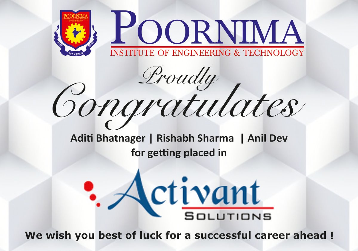 PIET_Jaipur's tweet photo. Heartfelt #Congratulations to our diligent who made it to Activant Solutions. Kudos to all our student for achieving successful results !!
#congratulations #placementsatpoornima #placement #placement2017 #poornimajaipur #PIETJaipur https://t.co/FjTZy5zGgh