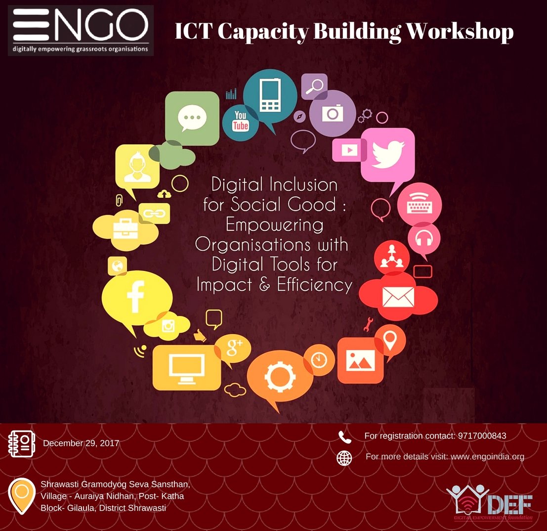 AnandICT4Dev's tweet photo. @DEFindia invites #NGOs, #CSOs, #SHGs to its regional #capacity building #workshop. This workshop will explore &amp; explain different techniques to gain #online visibility through #website and effective use of #Social #media tool.
@eNGONetwork @sachinralhan @OsamaManzar https://t.co/A3QYIbFGrH