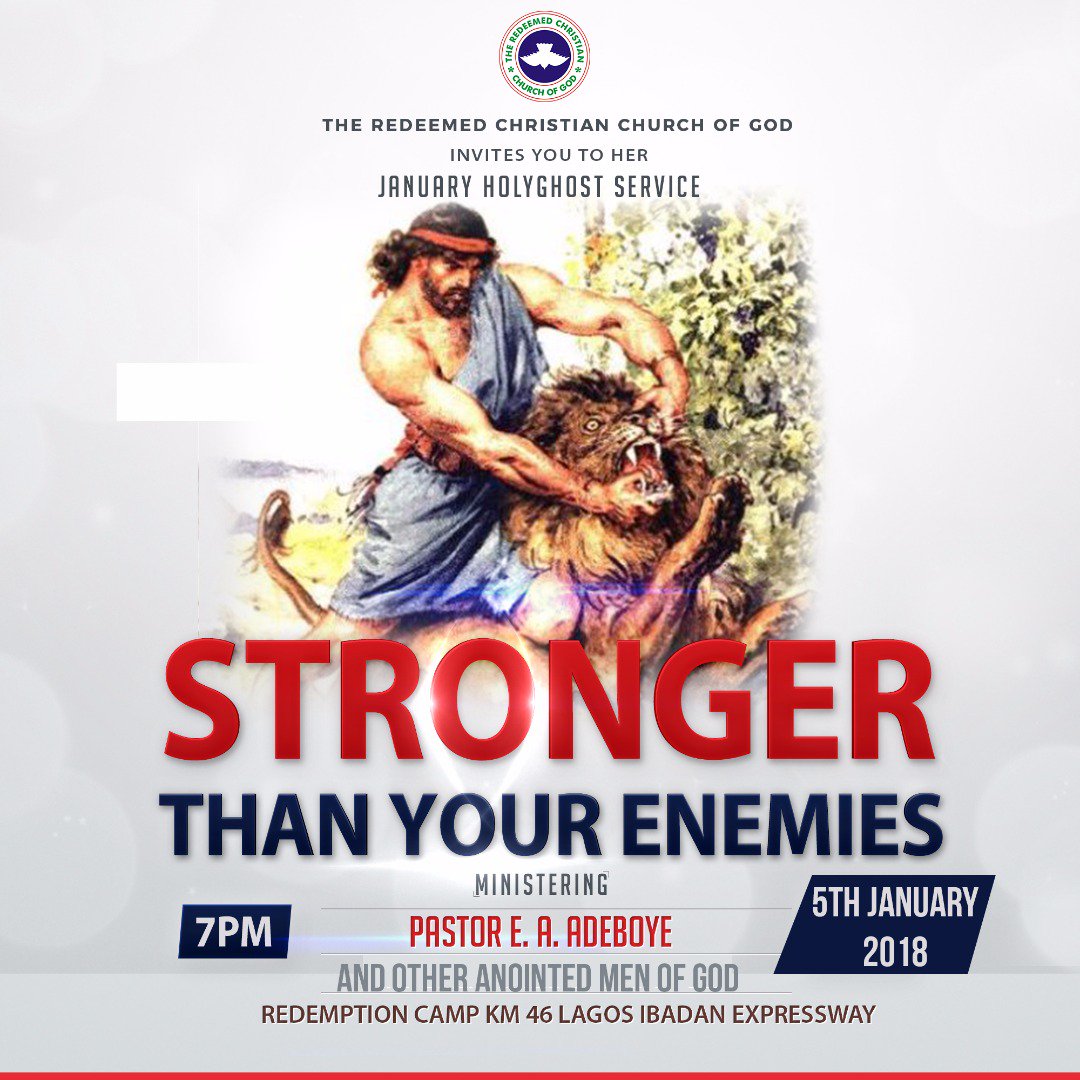 TheHGService's tweet photo. The first Holy Ghost Service of 2018.
Theme: Stronger than your enemies 
Date: January 5, 2018
Ministering is @PastorEAAdeboye 
Get ready for a victorious 2018 !!!
See you there!!! https://t.co/UGWqZrgffj