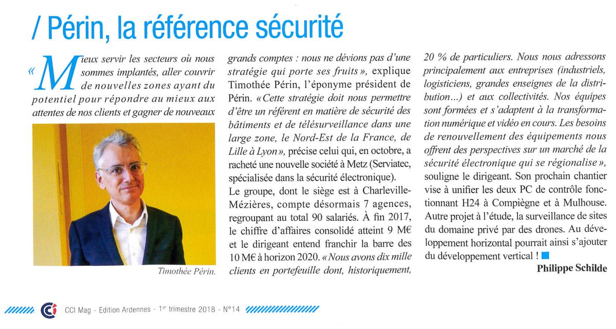 PerinSecurite's tweet photo. Article dans @CCI_ChampArdenn sur @PerinSecurite ! Beaucoup de projets pour 2018 !! #consolidation #référence #sécurité #NordEst #7agences https://t.co/MBMHcVe8Jn