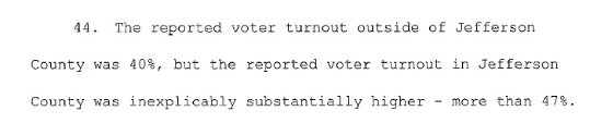 1. Moore cites high turnout in a county that's far higher-than-average African-American (a pattern that's not exceptional & is documented throughout state) as evidence of fraud. African Americans voting is apparently inherently suspicious.