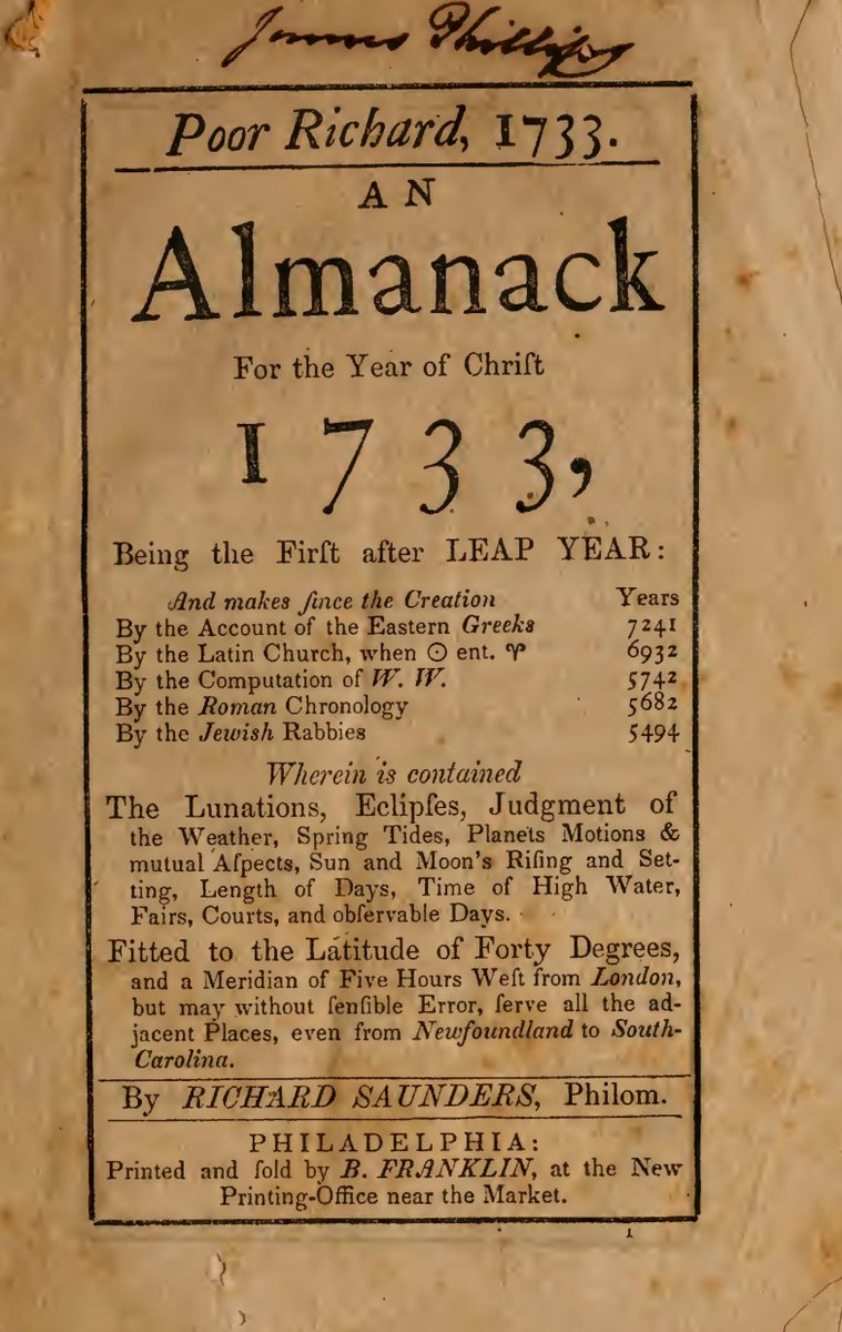 The Freedom Trail On Twitter Otd 1732 Ben Franklin Announced In The Philadelphia Gazette Just Published For 1733 Poor Richard An Almanack It Was The Beginning Of A 25 Year Run That
