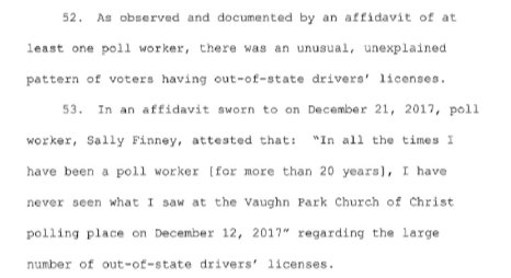 7. Next theme: an "unusual, unexplained pattern of voters having out-of-state drivers' licenses"—a variation on Trump & Mitchell's familiar "bused-in" refrain. This is a brief 2-paragraph section that only contains the following quote as evidence: