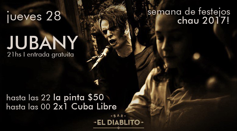 ElDiablitoBar's tweet photo. Seguimos con los festejos y las sorpresas por el fin de año.
Hoy @pablojubany , 21hs
hasta las 22 la Pinta $50
hasta las 00hs 2x1 en Cuba libre

entrada gratuita I ambiente refrigerado/calidez humana https://t.co/fuvhFqzvCs