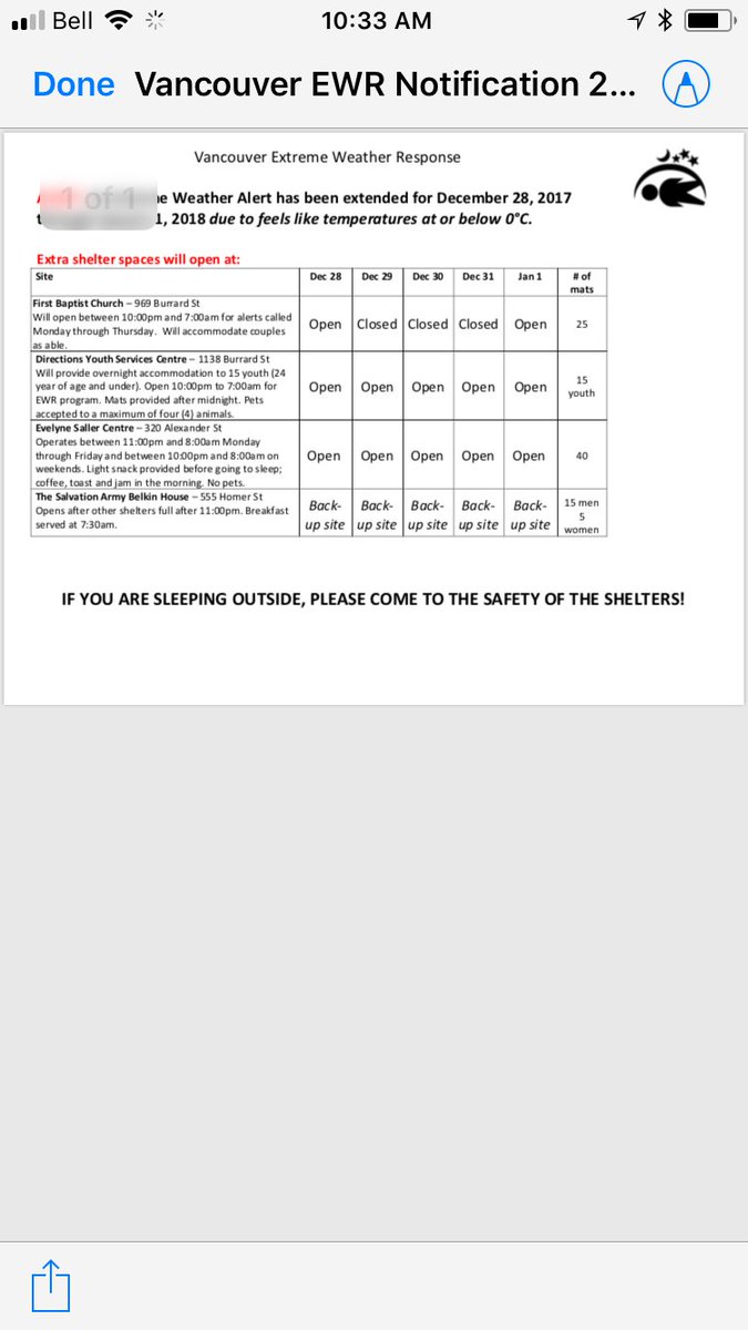 CityofVancouver's tweet photo. Vancouver extreme weather response - shelter spaces. Dec 28 -Jan 1. If people are sleeping outside, please come to safety of the shelters. https://t.co/8WYSwzel8R