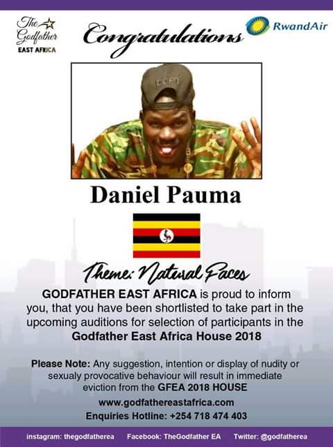 McPauma's tweet photo. GLORY TO GOD proud to inform u that I have been shortlisted for the @GodFatherEA House 2018 Auditions #NaturalFaces
CC @BigEyeUG @ChimpLyf https://t.co/wL0sY3ZoDj