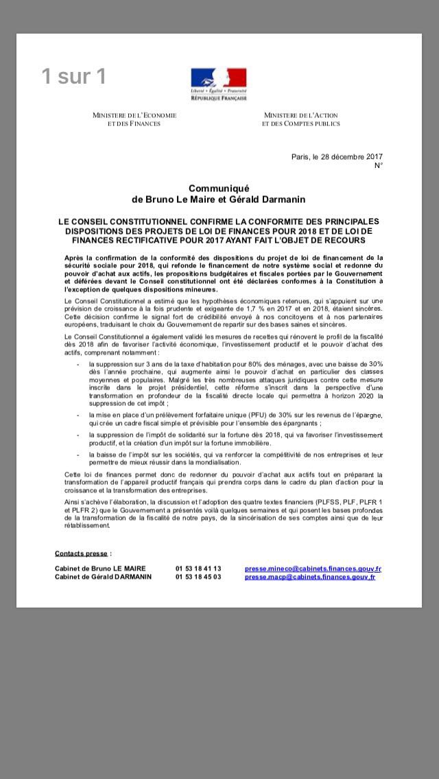 GDarmanin's tweet photo. Les lois de finances sont déclarées conformes à la Constitution. Ce budget est le temps 1 de la transformation de notre pays et donnera du pouvoir d'achat aux Français des 2018 ! @BrunoLeMaire https://t.co/Ja8S46u5zN