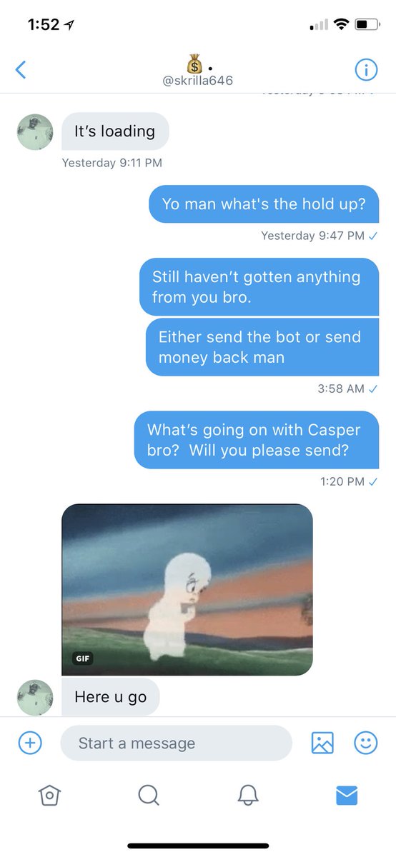 el_cheapo_'s tweet image. SCAMMER ALERT:  Sent @skrilla646 $150 for CasperCop Premium and all he sends me is a picture of a fucking ghost.  Please RT!!