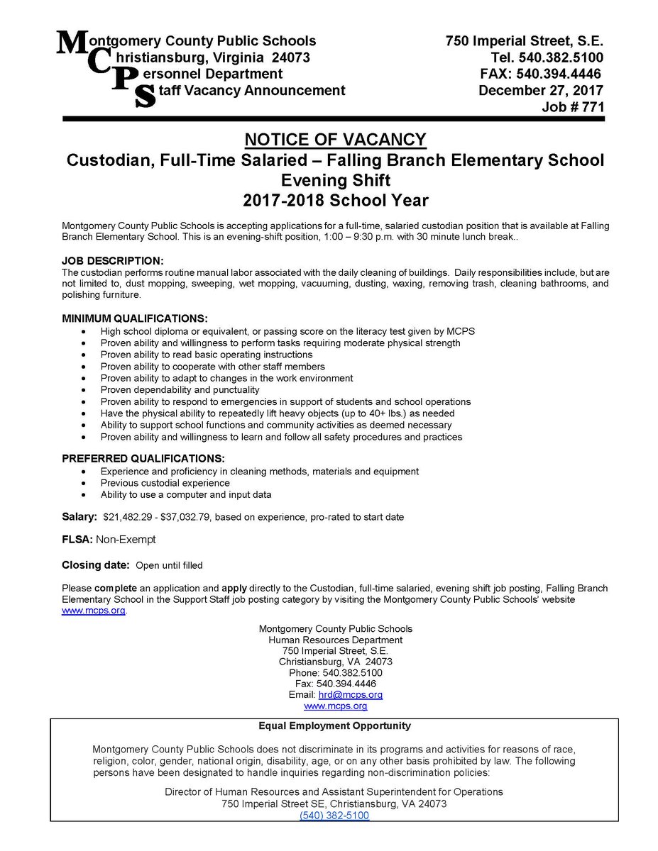 Falling Branch Elementary is hiring an evening shift custodian.  Apply today!