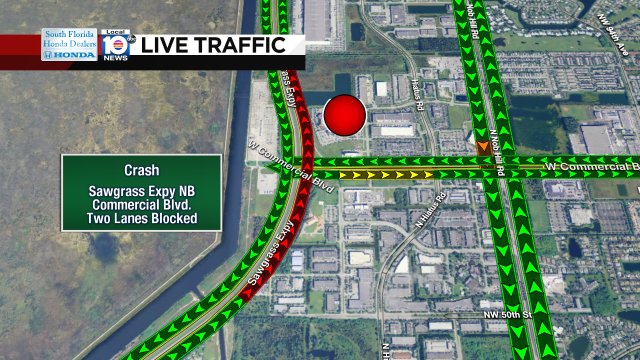 CRASH: Sawgrass Expy NB & Commerical Blvd. Two lanes are blocked; expect delays. #TRAFFIC https://t.co/m8wn9aIB3V