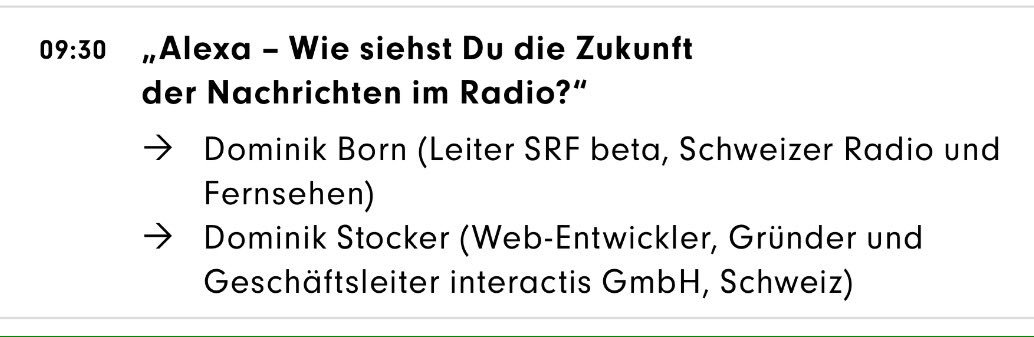 Radionachrichten nur zur vollen Stunde? Ach was! Frag, wann Du willst!

Oder: Verändern Smartspeaker unsere Arbeit?

Antworten von den Super-Checkern <a href="/dominik_stocker/">Dominik Stocker</a>+@borncast bei der Zukunftswerkstatt Radionachrichten: ard-zdf-medienakademie.de/dam/jcr:e9d967… #newsneu