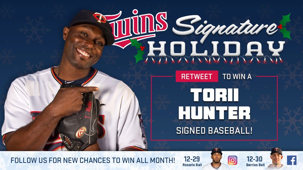 Twins's tweet image. RT for a chance to win a @toriihunter48 signed baseball! #SignatureHoliday atmlb.com/2Ciz8Xr