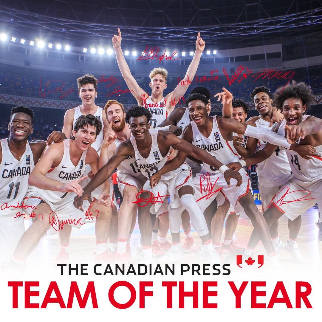 CanBball's tweet image. What better way to wrap up a historic year! 🇨🇦🏀 #FIBAU19 World Cup champs named @CdnPress Team of the Year for 2017. No basketball team had ever won the award in its 51-year history. #WeAreTeamCanada