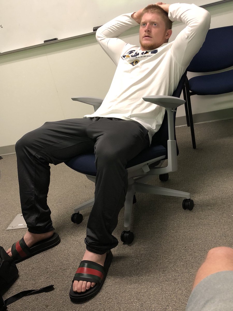 The pride of Mechanicsville, VA <a href="/sam_rogers10/">Sam Rogers</a> with the Gucci flip-flops this AM <a href="/TG3II/">Todd Gurley II</a>