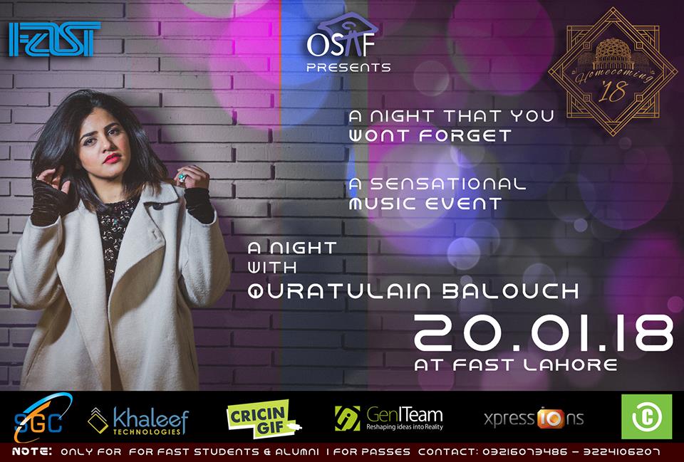 OSAF_NU's tweet photo. The wait is over! @Quratulainb is performing at @FAST_NUCES on 20th January 2018. Get your passes asap! https://t.co/lNvkIXoiqK https://t.co/5iCMzugu32
