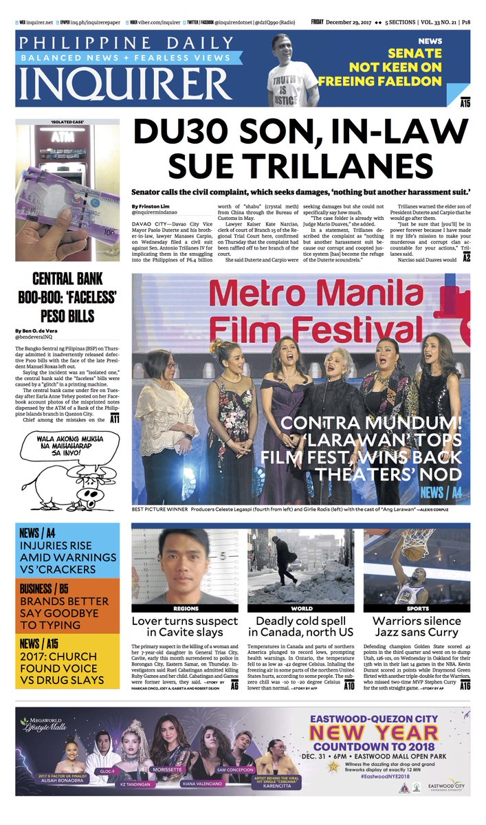 inquirerplus's tweet photo. LOOK: Today's #MyINQUIRER front page. Get your paper on the go at https://t.co/U5H37RDy1Y @inquirerdotnet #Duterte #Trillanes #PaoloDuterte #MMFFAwardsNight2017 https://t.co/kQhtNG9ZBM