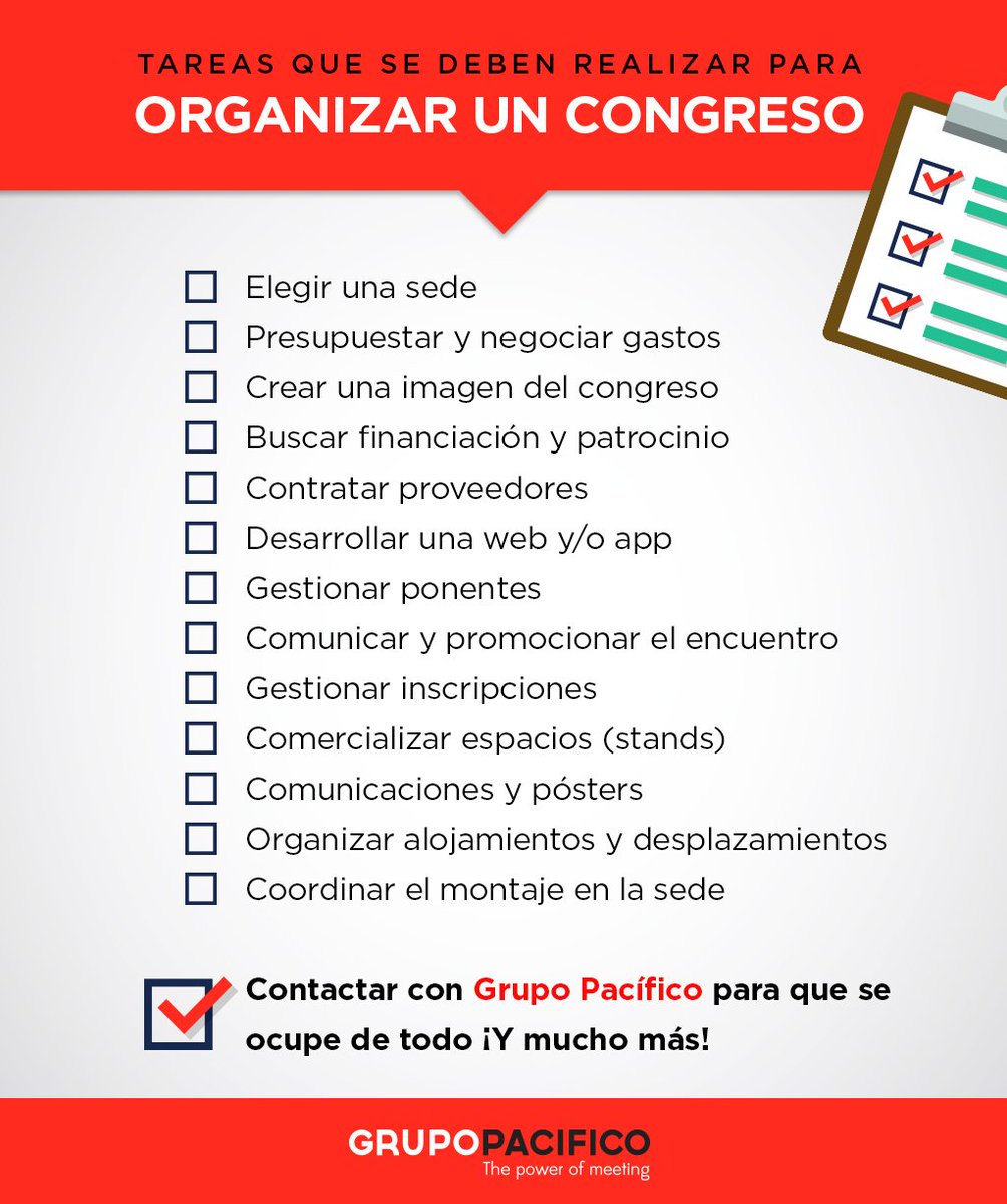GrupoPacificom's tweet photo. ¿Tu empresa o institución está organizando un Congreso? Nuestra área de diseño nos ha preparado esta práctica checklist de tareas #Infografía #GPthinking https://t.co/UcP5O2QQIb
