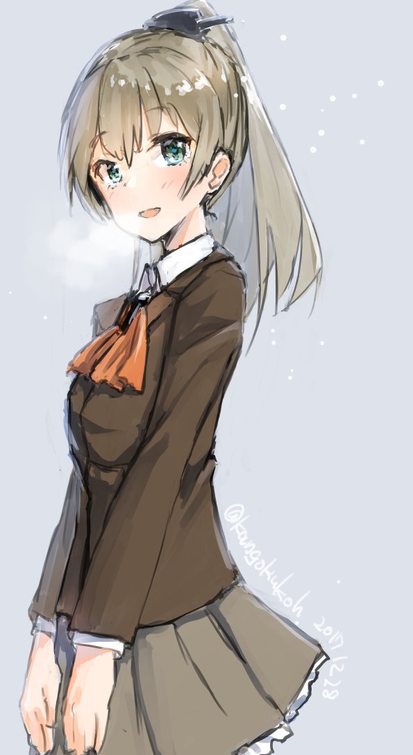 kumano (kancolle) 1girl solo ponytail brown hair skirt long hair school uniform  illustration images