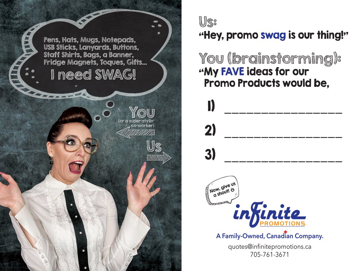 infinitepromoCA's tweet photo. Don't sweat it! We can help you find the #swag item(s) to engage your audience while making the most of your annual #marketing budget. #BeReady #OfficeLife #ToDoList #Brainstorm #Promote #Promo #PutYourNameOnIt #Canadian #InfinitePromoCA
https://t.co/GDuJYmFPiW https://t.co/FENPbT6f6F