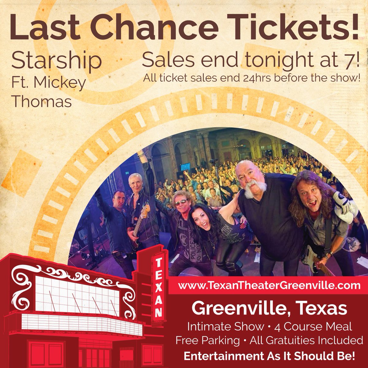 Last chance to buy tickets! | Starship Ft. Mickey Thomas | Ticket sales end tonight at 7! goo.gl/aEG4Gj Come enjoy an intimate show with close free parking, full 4 course dinner, luxurious seating, table service, and all gratuities included!