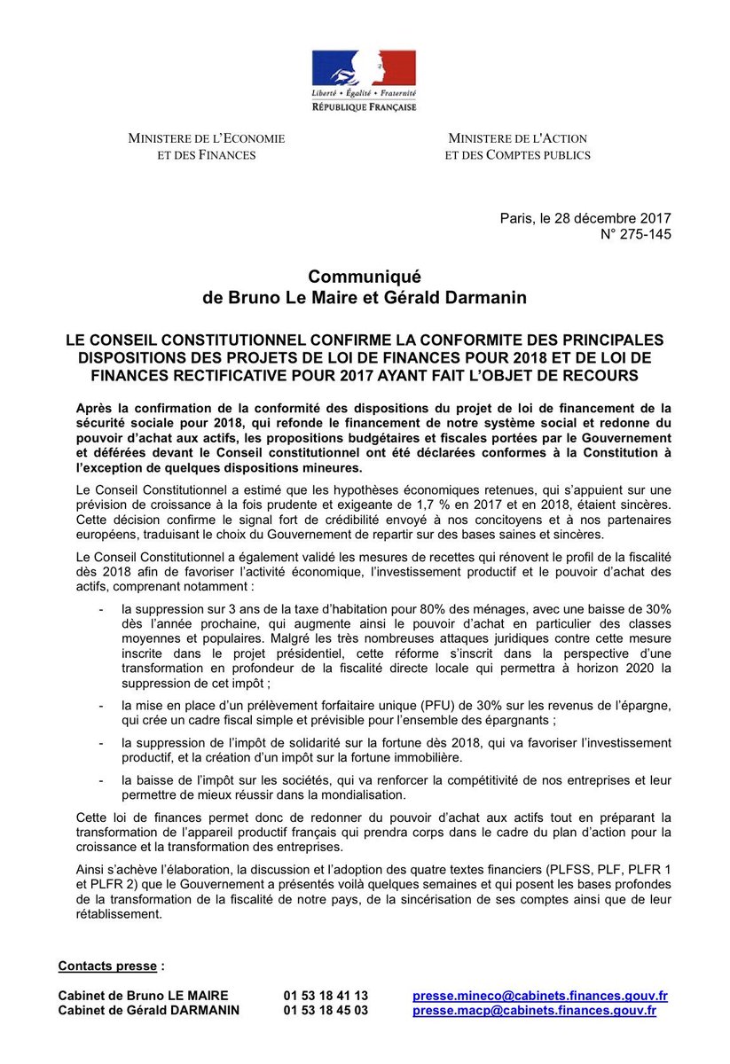 BrunoLeMaire's tweet photo. Le Conseil constitutionnel vient de valider les lois de finances : une excellente nouvelle ! 
C’est la preuve de la sincérité dont a fait preuve cette majorité.

Cela nous donne un nouvel élan pour 2018 et pour mener la transformation économique du pays ! @GDarmanin https://t.co/2ZFgPlDHLZ