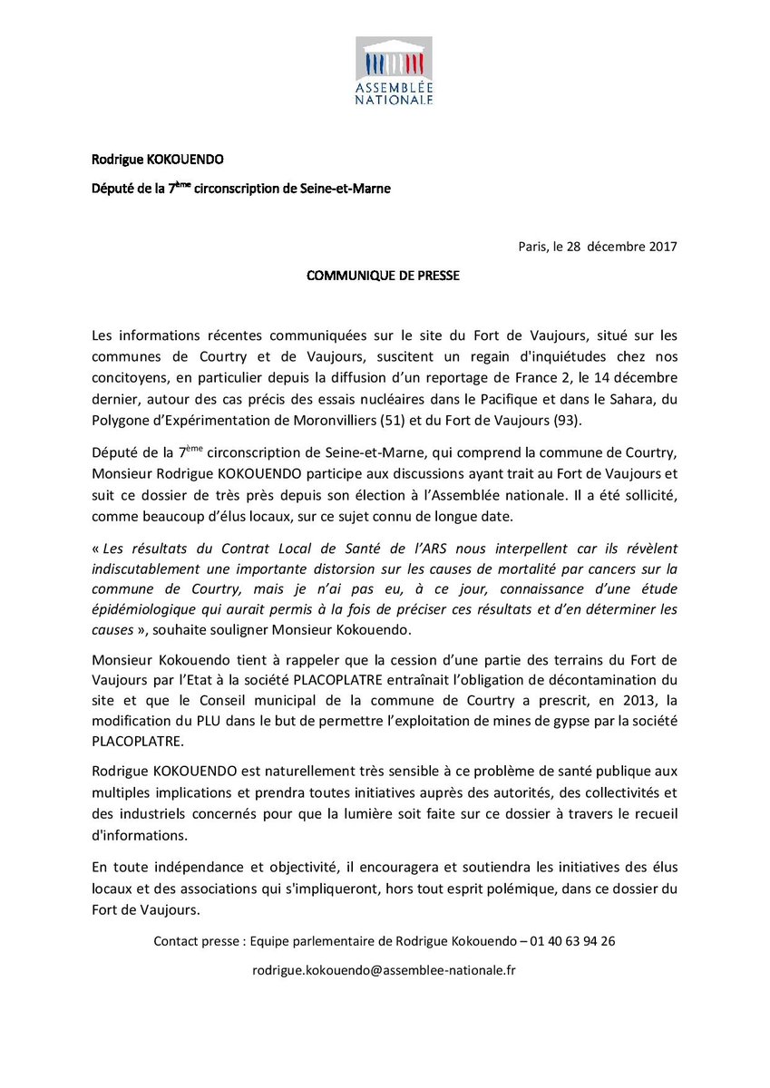 RKokouendoJ's tweet photo. A la suite des inquiétudes manifestées par les habitants de #Courtry au sujet du #FortdeVaujours, j'ai diffusé aujourd'hui un communiqué pour réaffirmer mon soutien envers les élus et les acteurs locaux. Je souhaite que la lumière soit rapidement faite sur ce dossier. https://t.co/lmirj95obF