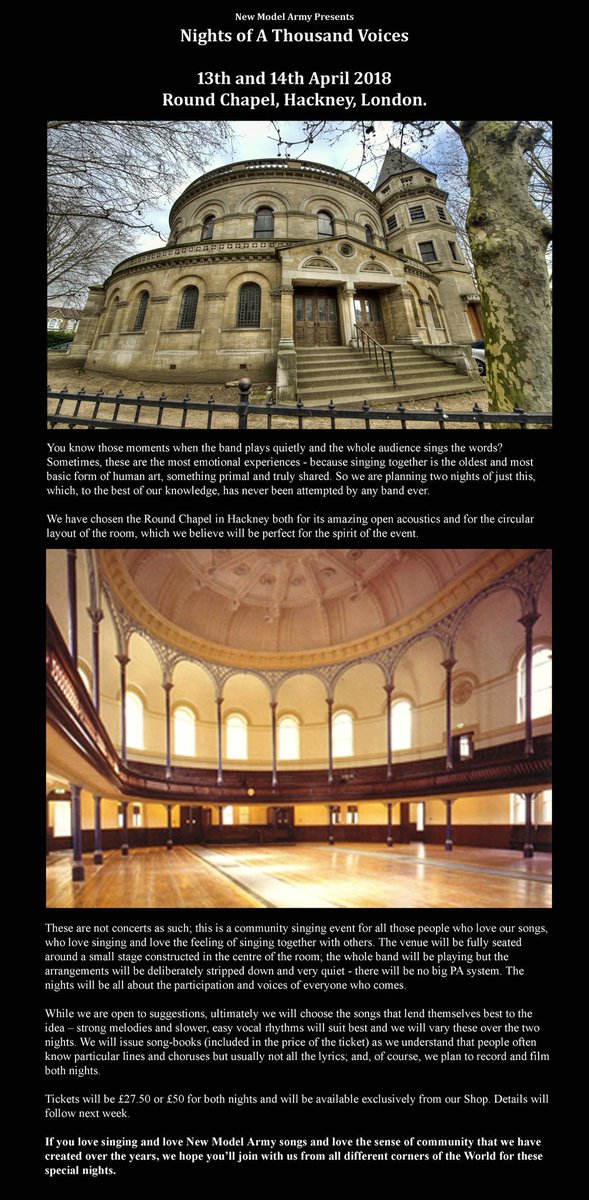 Please Retweet!

'Nights of A Thousand Voices'

13th and 14th April 2018 at Round Chapel, Hackney, London.

For more details, see newmodelarmy.org