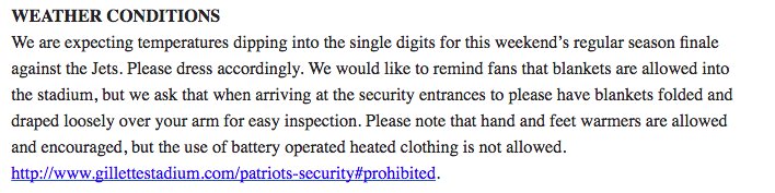 PhilAPerry's tweet photo. Going to be cold at Gillette this weekend. If you're going to the game, plan accordingly. From Patriots media relations... https://t.co/TkNvbLFzmJ