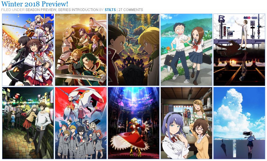 xatanas:

Link to Random Curiosity’s Winter 2017 anime preview
Thanks to a literal act of God I didn’t see any of the shows from Fall 2017, so most likely I’ll over-indulge in this season. 

Will definitely watch:
Overlord II
My most awaited series for this season.

Violet E…