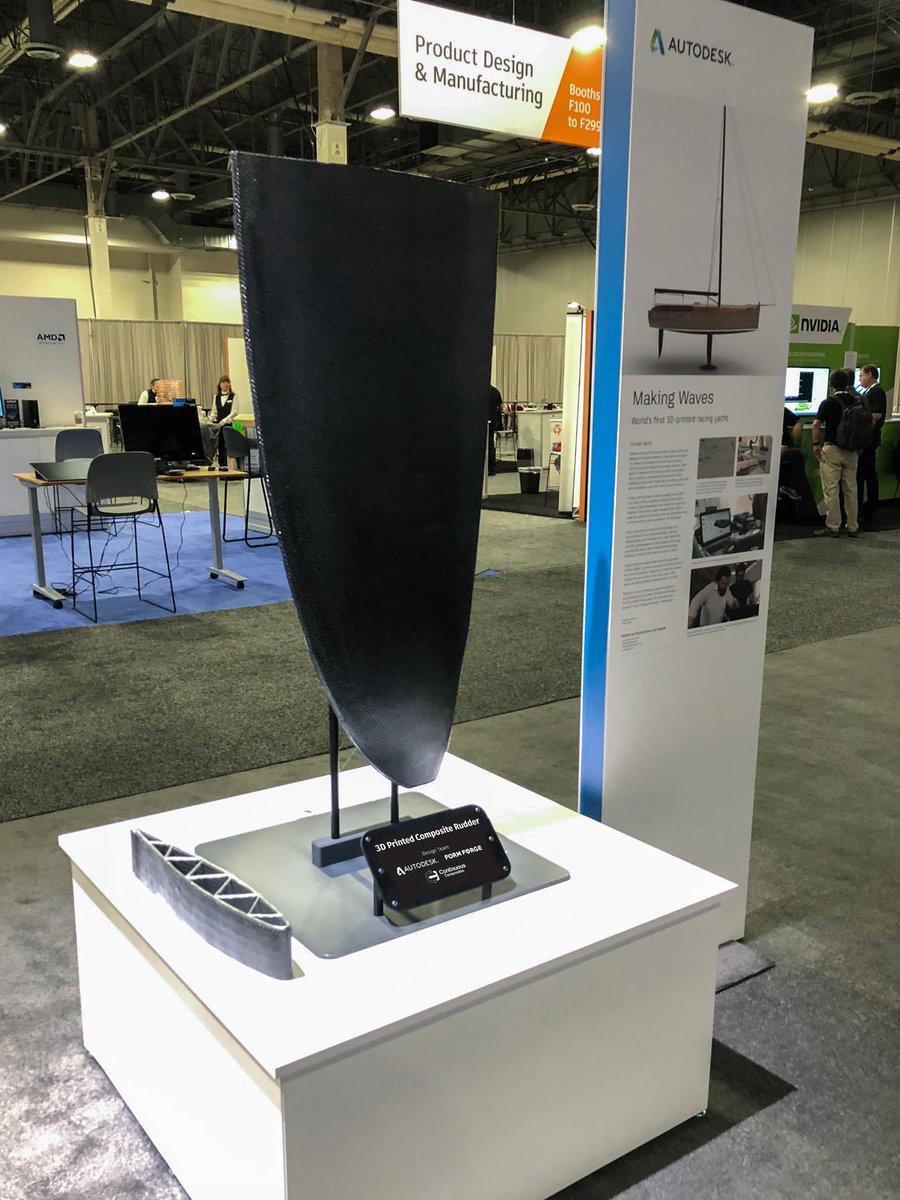 CF3DPrinting's tweet photo. Recently we were in Vegas exhibiting with Autodesk at Autodesk University. We presented a 3D printed boat rudder and used our tech to embed fiber optics allowing the boat rudder to sense it's environment. Excited to share more. #ContinuousComposites #CF3D #ContinuousFiber https://t.co/95CUgDJaXt