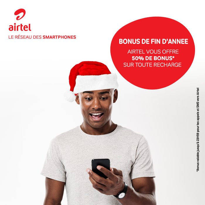 C'est toujours Noël chez Airtel.
Profitez désormais de 50% de bonus sur toute recharge de crédit. #Airtel #Tchad