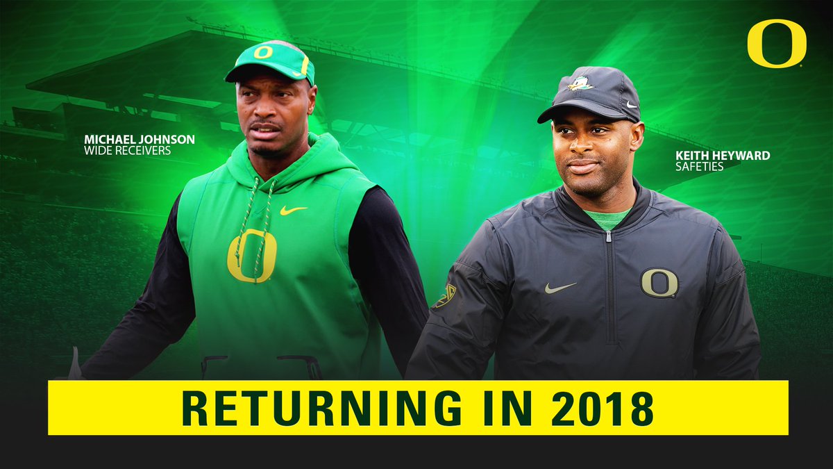 oregonfootball's tweet photo. .@WRCoachMJ and @CoachHeyward will be back on the Oregon sideline next season! #GoDucks https://t.co/jd6HK1HX9M