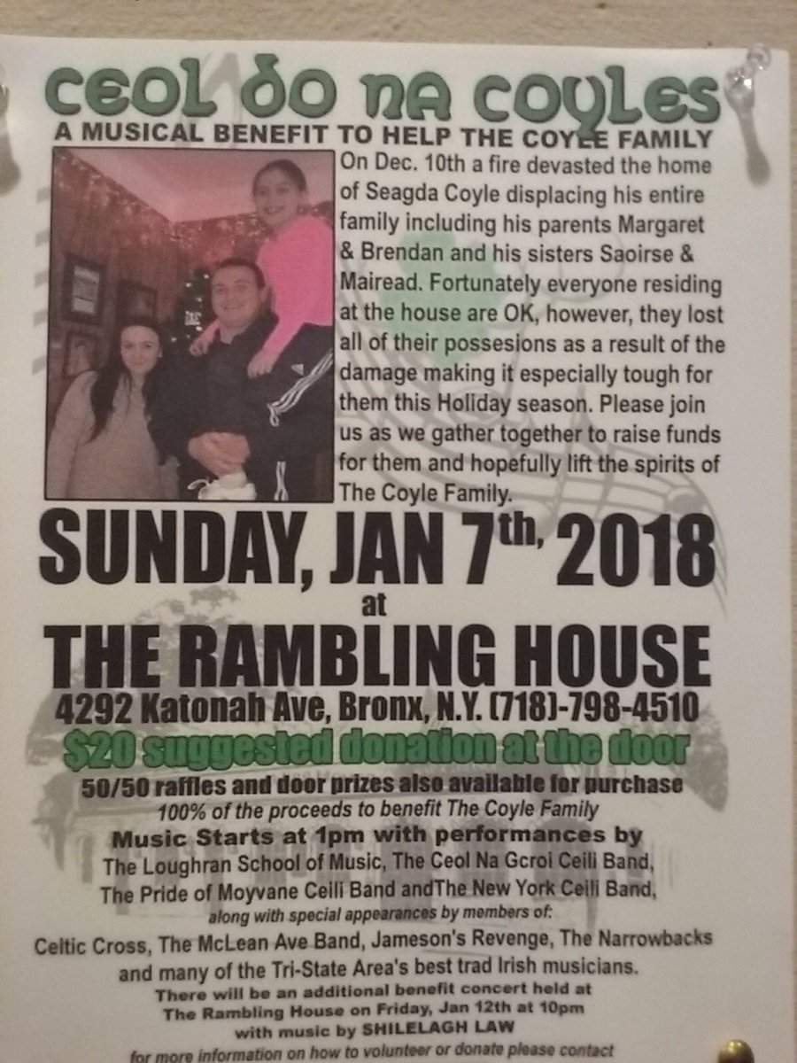 Aisling_Irish's tweet photo. Benefit to help the Coyle family after a devastating fire Sunday, January 7th. @Aisling_Irish #benefit #ramblinghouse #music #dance #ceili #celticcross #mcleanavenueband #narrowbacks #jamesonsrevenge https://t.co/417b4U2It3