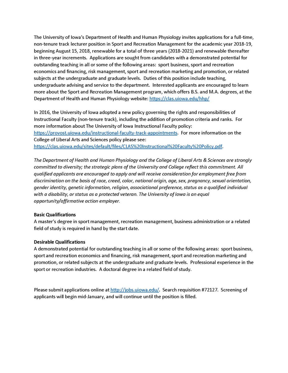DanMatheson's tweet photo. Join the @UISportRecMgmt team! Faculty position starts in Aug. Details below. Go to jobs@uiowa.edu, requisition #72127 to apply. We’re a student-focused, industry-centered program that supports experiential learning and placement! @uiowa @UIowaCLAS @UICareerCenter #SportsBiz https://t.co/DEEbcS7S8L