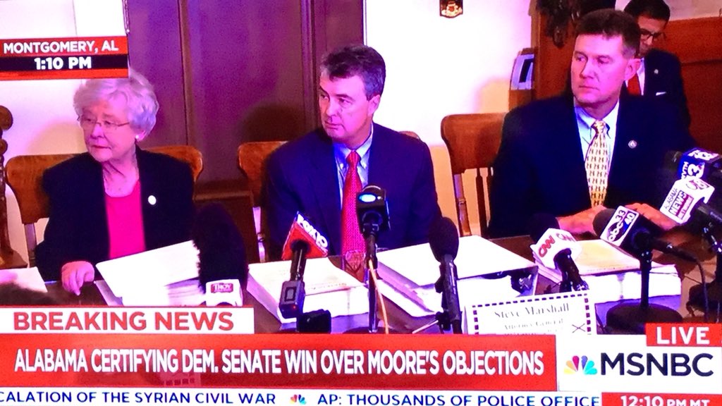 MoodyFooka1's tweet photo. Ohh! The Look Of Defeat 🤓L-R...Kay Ivey (https://t.co/BGwCJqqQcr.) 
Steve Marshall (AL.AttyGen.) &amp; John Merrill (AL.SecOfState) CERTIFY The Victory Of New &amp; DEMOCRATIC Senator DOUG JONES 🤘🏻#ByeByeRoy https://t.co/7ZC5KvwUfZ