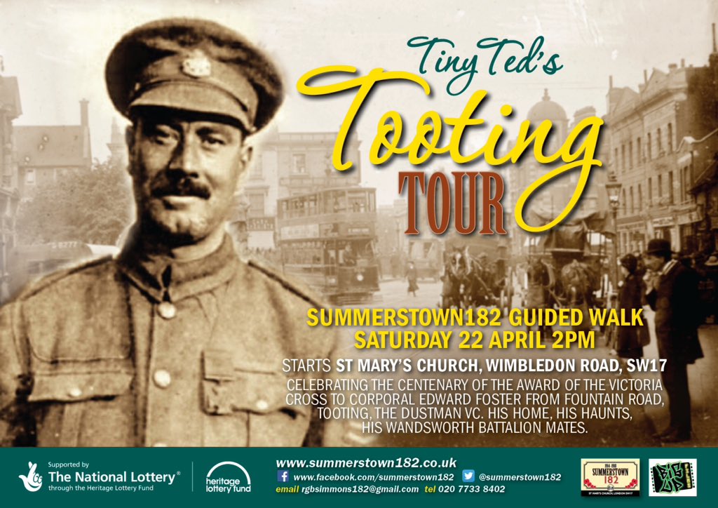 summerstown182's tweet photo. What an honour to lead #TinyTedsTootingTour as part of @wandbc centenary tribute to 'Britain's Bravest Binman' #Tooting #DustmanVC Corporal Edward Foster from Fountain Road #VillersPlouich #Arras100 https://t.co/O3OmVB0pFH