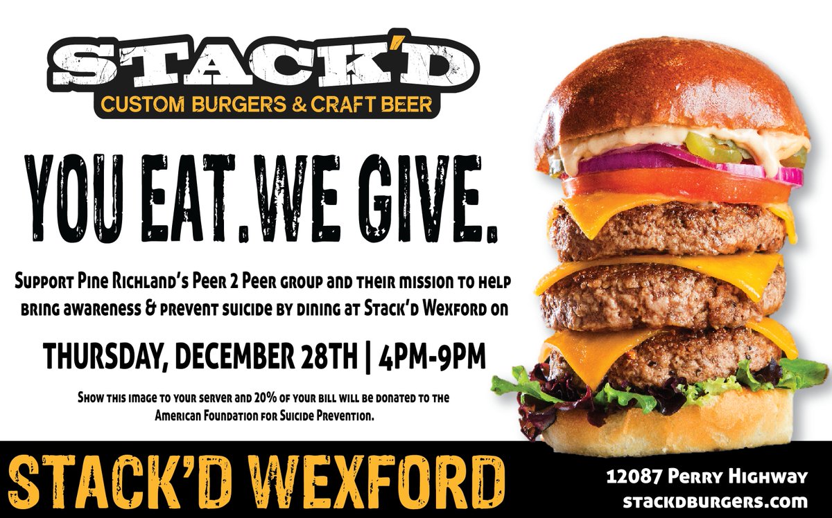 StackdWexford's tweet photo. Come support #PineRichland's Peer 2 Peer group today by dining in at Stack'd! 20% of your bill will be donated back to them when you mention the fundraiser to your server! #stackdpgh https://t.co/f227l1E5Ri