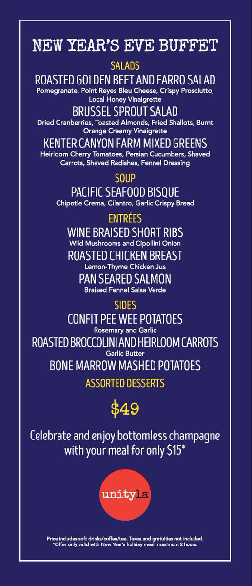 unitylaAtHyatt's tweet photo. Ring in the new year with us! We have special menus for #NYE and New Year's Day dinners, including an option for bottomless champagne! #AtHyattRegency, it's good not to be home. https://t.co/YbgDmAspVl