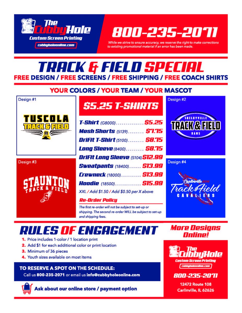 TCHbear's tweet photo. Track season will be here before you know it.  Check out the flyer! @IESA_IL #track #trackandfield #Apparel https://t.co/UcdC6rltcX