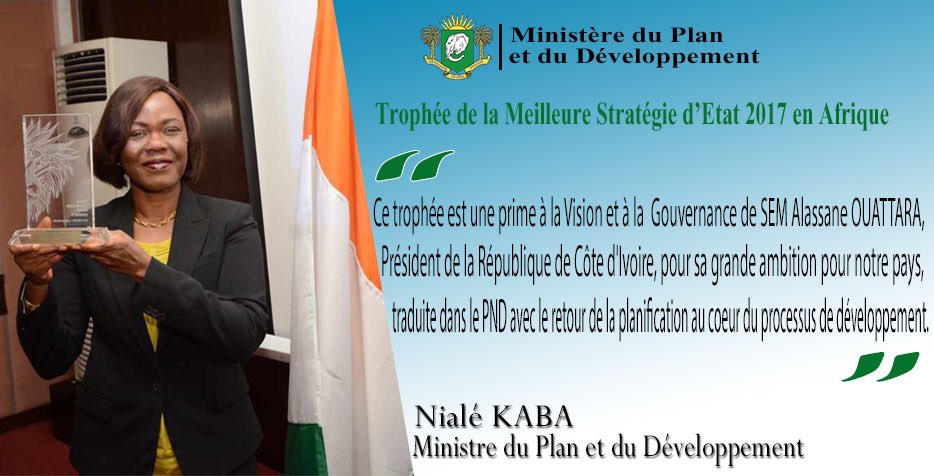 La stratégie de développement de la Côte d’Ivoire inscrite dans le #PND 2016-2020 remporte le trophée d’Or de la « Meilleure Stratégie d’Etat en Afrique 2017 ». Bravo et félicitations à toutes et à tous @MPD_CI @Gouvci @Presidenceci @Leaders_league @MagDecideurs
