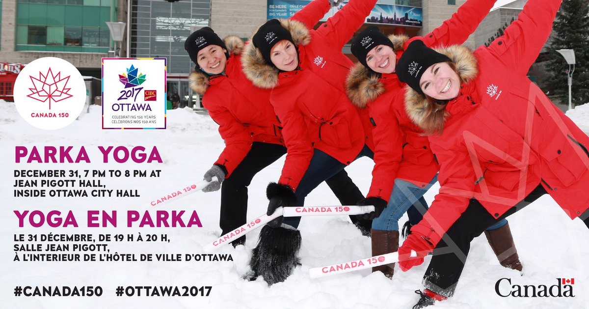 Due to this extremely Canadian weather, our Parka Yoga on Dec 31 will be inside City Hall @ Jean Pigott Hall! 
Come for the yoga, namaste for the celebrations! #Canada150 #Ottawa2017
