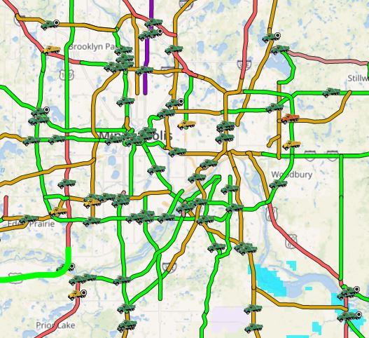 MnDOT's tweet photo. Don't be fooled by "bare" lanes. Roadways are slippery. 
Reduce speeds and increase following distances. 
Chemical has been put down and plows are out. https://t.co/oQvri5Ta7Y