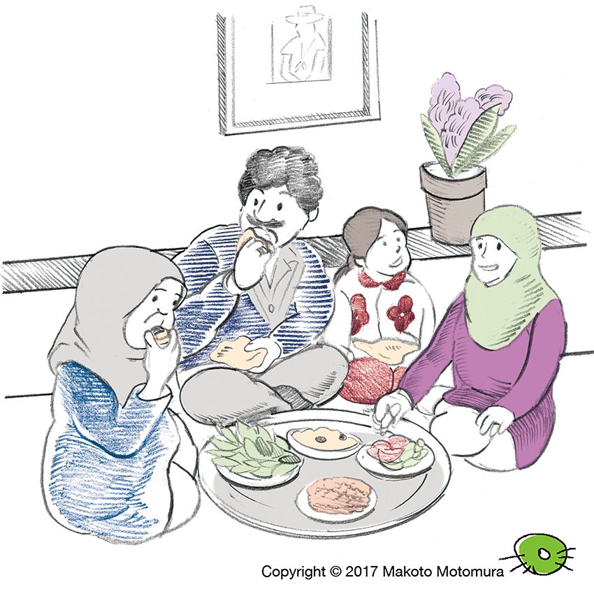 Motomuramakoto A Twitteren 中東の とある家族の食事風景を描きました ハリウッド映画にみる中華風に描かれた日本人みたいにみえたらやだなーと内心ビビっていたんですが 喜んでいただいたので安堵でした Illust イラスト Illustration イラストレーション