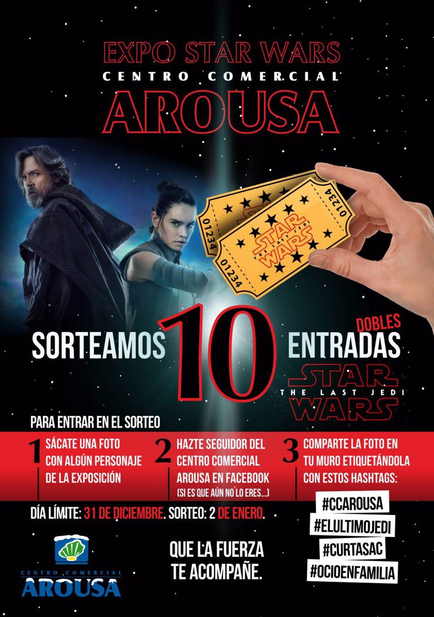 ¿¿Quieres una de las 10 entradas dobles que en el <a href="/ccarousa/">CC Arousa</a> sorteamos para ir a ver el Episodio VIII de STAR WARS, titulado EL ÚLTIMO JEDI, la primera semana del año?? <a href="/CurtasAC/">CURTAS Festival do Imaxinario</a> <a href="/elultimojedi/">EDUARDO LARA</a> <a href="/starwars/">Star Wars</a>